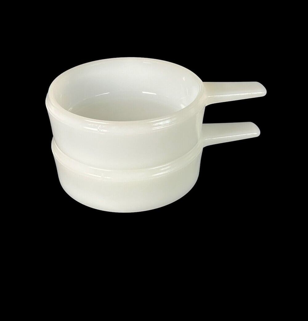 Soup Bowls Jeannette White Milk Glass Ovenware Set Of 2 Handles 14 oz J-2639